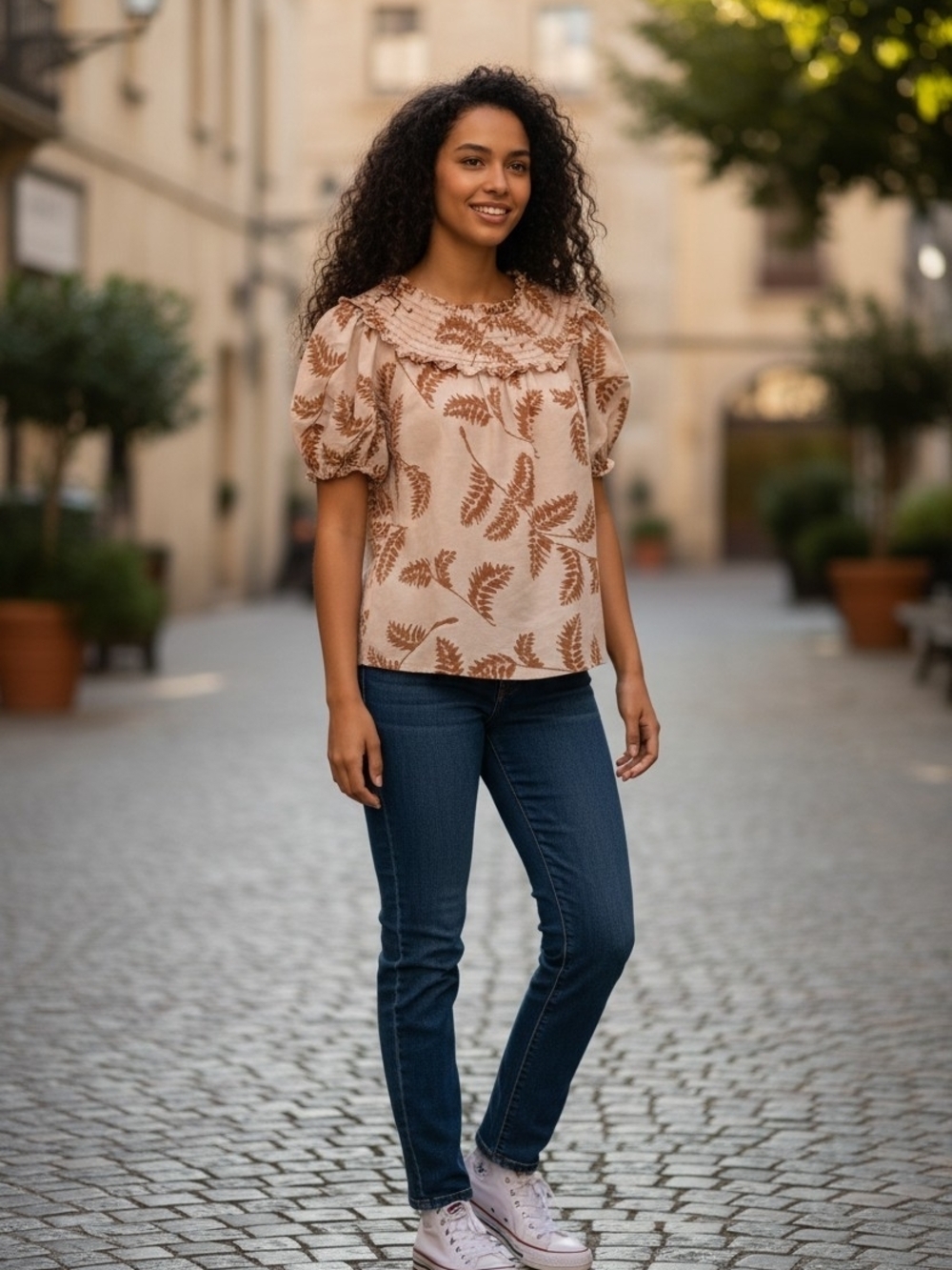 Current Air Cream and Brown Patterned Ruffled Neck Blouse